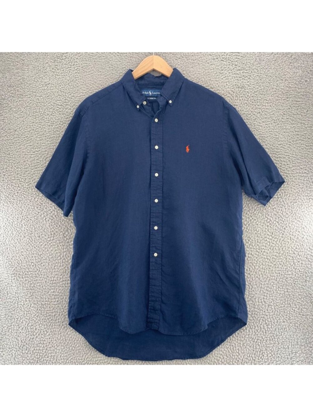 Ralph Lauren Shirt Mens Large Navy Linen Classic Fit Short Sleeve Button Up Logo
